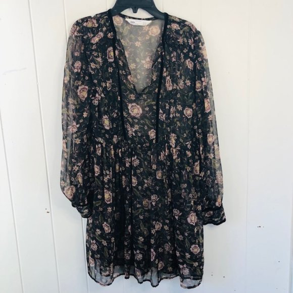 Zara Tops - Zara Sheer Black Floral Tunic/Dress